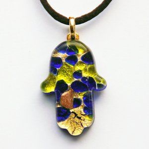 Hamsa Murano Glass Pendant Charm Blue Yellow